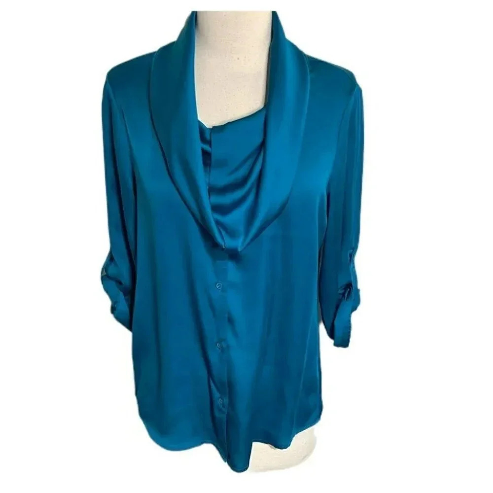 The Limited Blouse S Teal Blue Cowl Neck Roll Tabโ Sleeve Satin Button Front